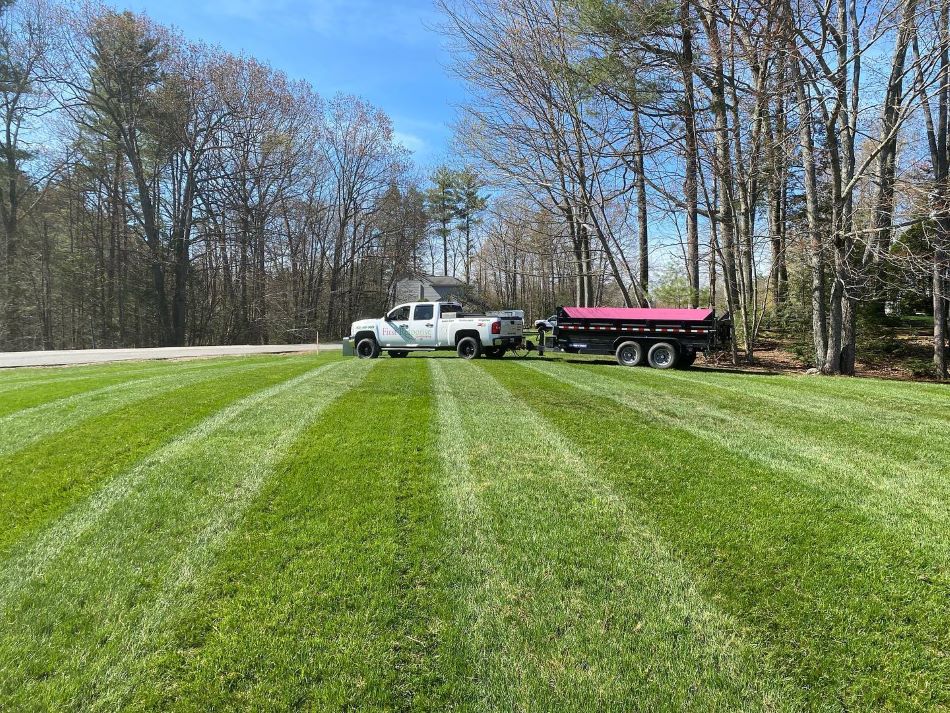 Striped green lawn with a white pickup truck and black trailer parked near trees.